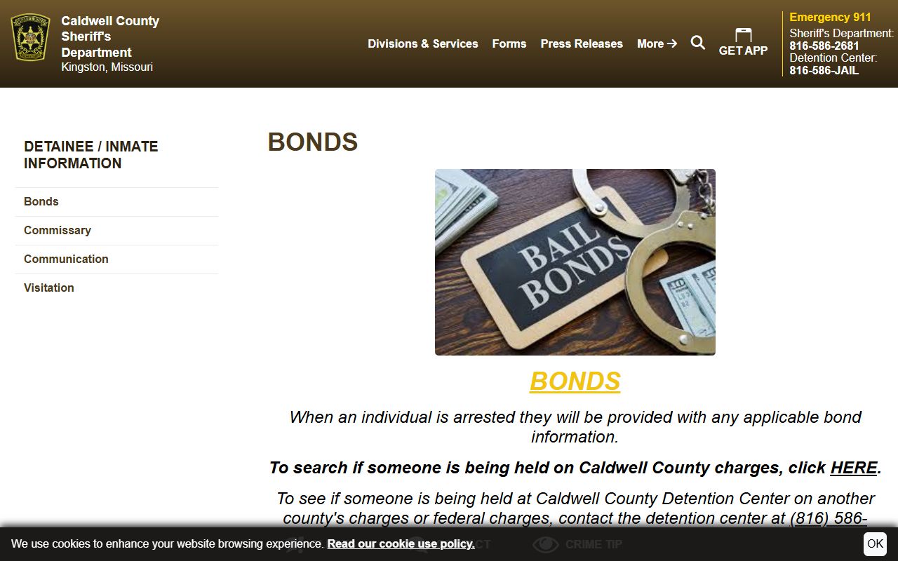 Caldwell County Detention Center bond page for inmate custody search