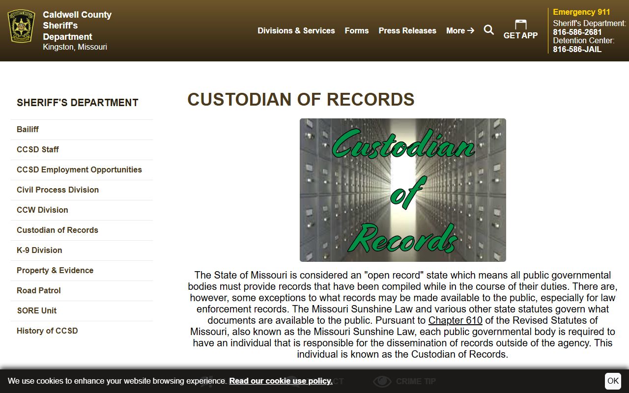 Caldwell County inmate records custodian of records page