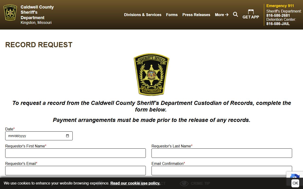 Caldwell County booking photo records request form